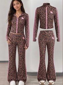 SHEIN 少女棕色豹紋印花立領拉鍊長袖外套與喇叭褲2件套 秋冬套裝 - 棕色 - 查看 1