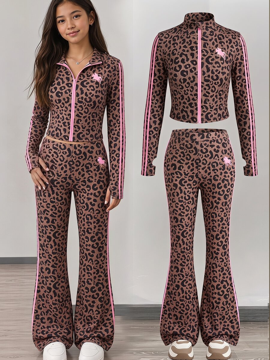 SHEIN 少女棕色豹紋印花立領拉鍊長袖外套與喇叭褲2件套 秋冬套裝 - 棕色 - 查看 1