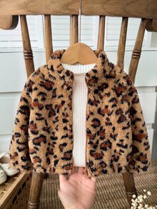 SHEIN 女嬰可愛百搭休閒毛絨碎花長袖冬季外套 - 卡其色 - 查看 5