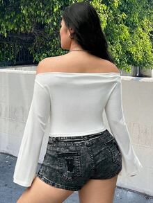Muchica Plus Size Women's Off-Shoulder Ruched Long Sleeve Asymmetrical Hem T-Shirt - White - View 2