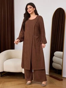 Lacomfia Plus Size 2 Pieces Set Loose Fit Textured Knit Fabric Casual Wear, Suitable For Spring And Autumn Daily - Coffee Brown - View 4