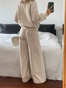 DAZY Women's Velvet-Feel Thick Stand Collar Sweatshirt And Long Pants Casual 2 Pieces Set - Khaki - View 4