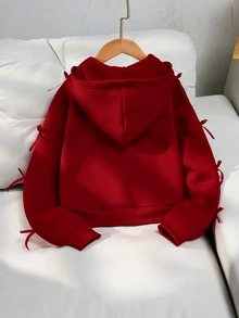 SHEIN Sparklyn Áo khoác cardigan có mũ kéo khóa trang trí nơ màu trơn phong cách thường ngày cho bé gái tuổi teen, mùa thu tựu trường - Đỏ - Xem 2