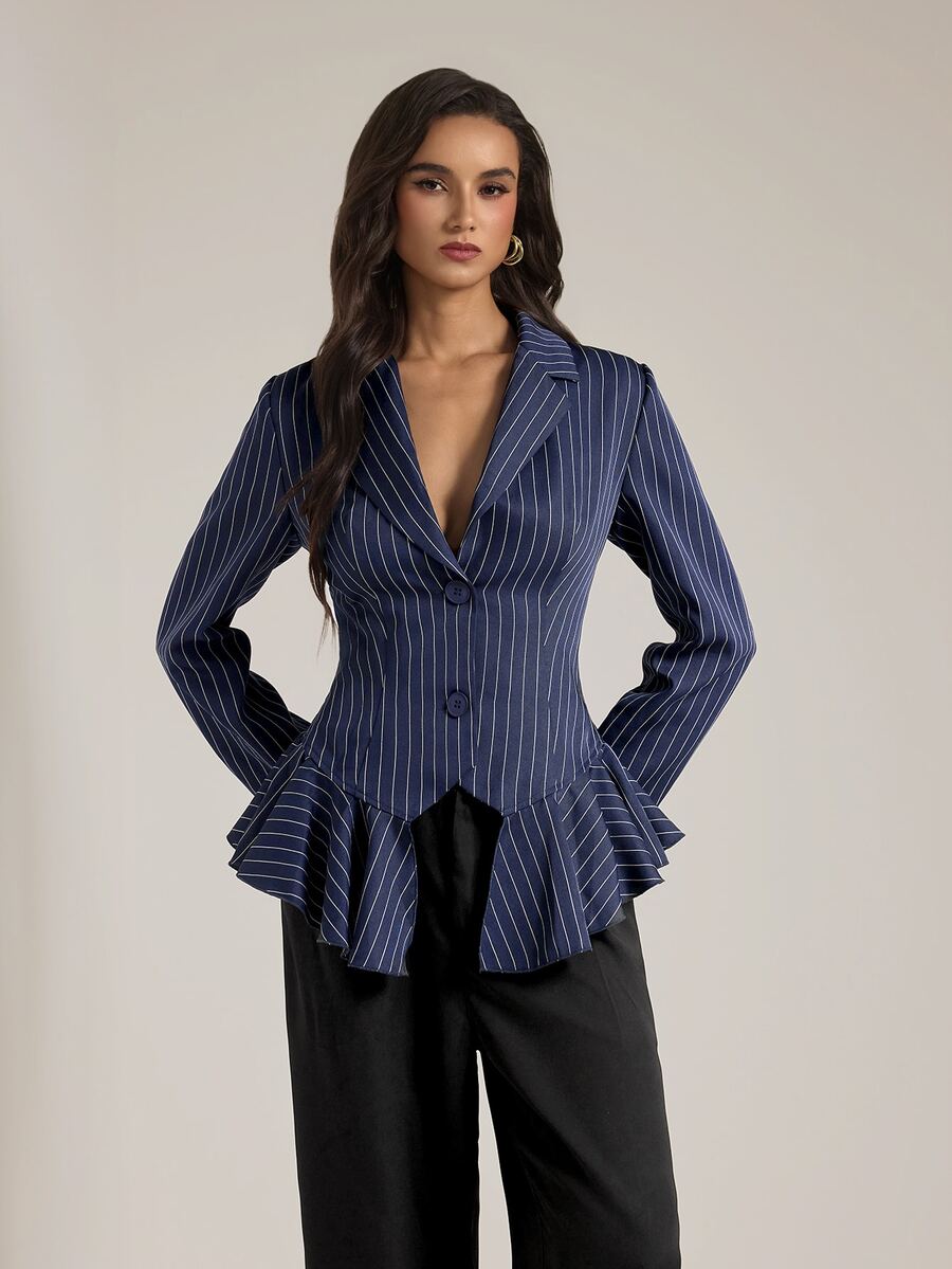 SHEIN Tall Women's Tall Navy Striped Smart-Casual Blazer - Navy Blue - View 1