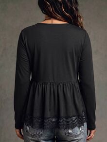 SHEIN 女款秋冬新款熱銷蕾絲飾邊拼接休閒百搭大尺碼T恤 - 黑色 - 查看 2
