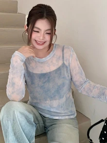 Dazy Plus Tie-Dye Mesh Layered Korean Style T-Shirt - Blue - View 3