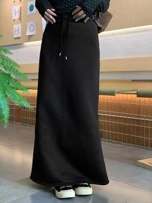 DAZY Women's Solid Color Drawstring Waist Long Casual Skirt - Black - View 3