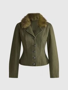 ROMWE Vintage Mori Style Hippie Faux Fur Collar Women's Denim Jacket And Coat - Dark Green - View 1