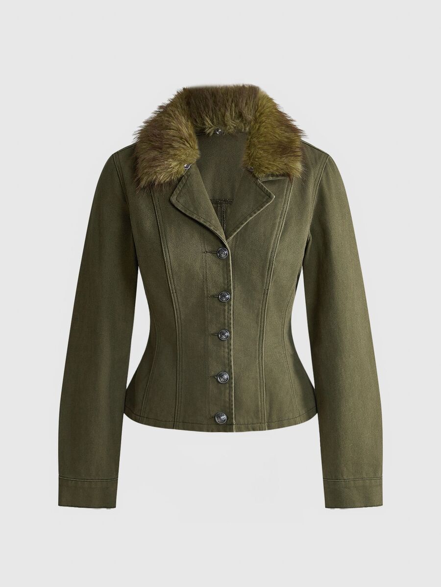 ROMWE Vintage Mori Style Hippie Faux Fur Collar Women's Denim Jacket And Coat - Dark Green - View 1