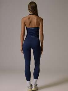 Musera Sport Seamless Fitted Scoop Halterneck Top With Fitted Logo Back Leggings Sold As Set Coord Sold As Set Winter Fall Autumn Active Pilates Motion - Navy Blue - View 3