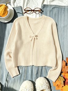 SHEIN 青少年女孩薄款蝴蝶結針織開襟衫，可搭配吊帶洋裝與上衣 - 杏色 - 查看 3