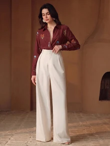 Anewsta Fall Elegant Retro Romantic Embroidered Dark Red Floral Long Sleeve Pleated Vacation Faux Linen Women's Blouse, Autumn Casual Work Brunch Business - Red - View 5