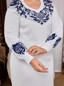 Lacomfia Plus Size Women's Geometric Pattern Long Sleeve Polar Fleece Knit Dress - Blue and White - View 5