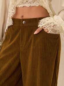 Easelle 復古波希米亞風燈芯絨直筒寬腿女款長褲 - 棕色 - 查看 5
