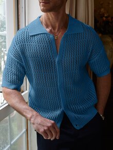 Manfinity Homme Men's Solid Color Short Sleeve Single-Breasted Hollow Knit Cardigan - Blue - View 5