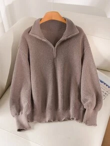 CosyJoli Plus Size Elegant French Style Versatile Casual Commute Autumn/Winter Minimalist Zip-Up Knit Pullover Sweater Top For Women - Dark Grey - View 2