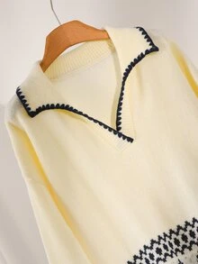 CosyJoli Plus Size Elegant French Casual Blue Minimalist Versatile Houndstooth Contrast Color Fish Knit Sweater Top For Women - Beige - View 3