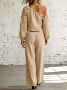 SHEIN Vintage Casual Camel Cold Shoulder Long Sleeve Set Women Cold Shoulder Cropped Top High-Waist Wide-Leg Long Pants 2 Pieces Set Vacation Autumn - Khaki - View 2