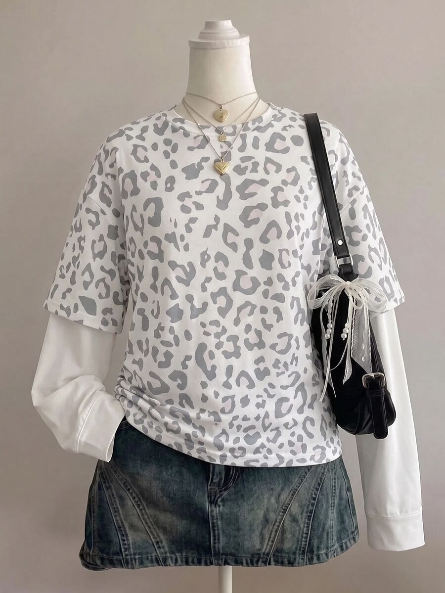 SHEIN 青少年女孩春秋冬新款 2合1 黑色拼接條紋圓領寬鬆長袖T恤 返校季休閒街頭風 - 彩色 - 查看 1