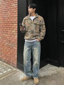 DAZY 秋冬半拉鍊抓絨數位迷彩格紋街頭風男士運動衫 - 棕色 - 查看 9