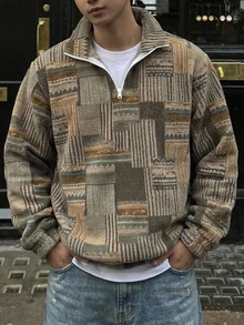 DAZY 秋冬半拉鍊抓絨數位迷彩格紋街頭風男士運動衫 - 棕色 - 查看 6