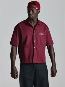 Short Sleeve Boxy Shirt Front Pocket Detail "Musero"Chest Embroidery Autum Winter Essentials - Burgundy - View 1
