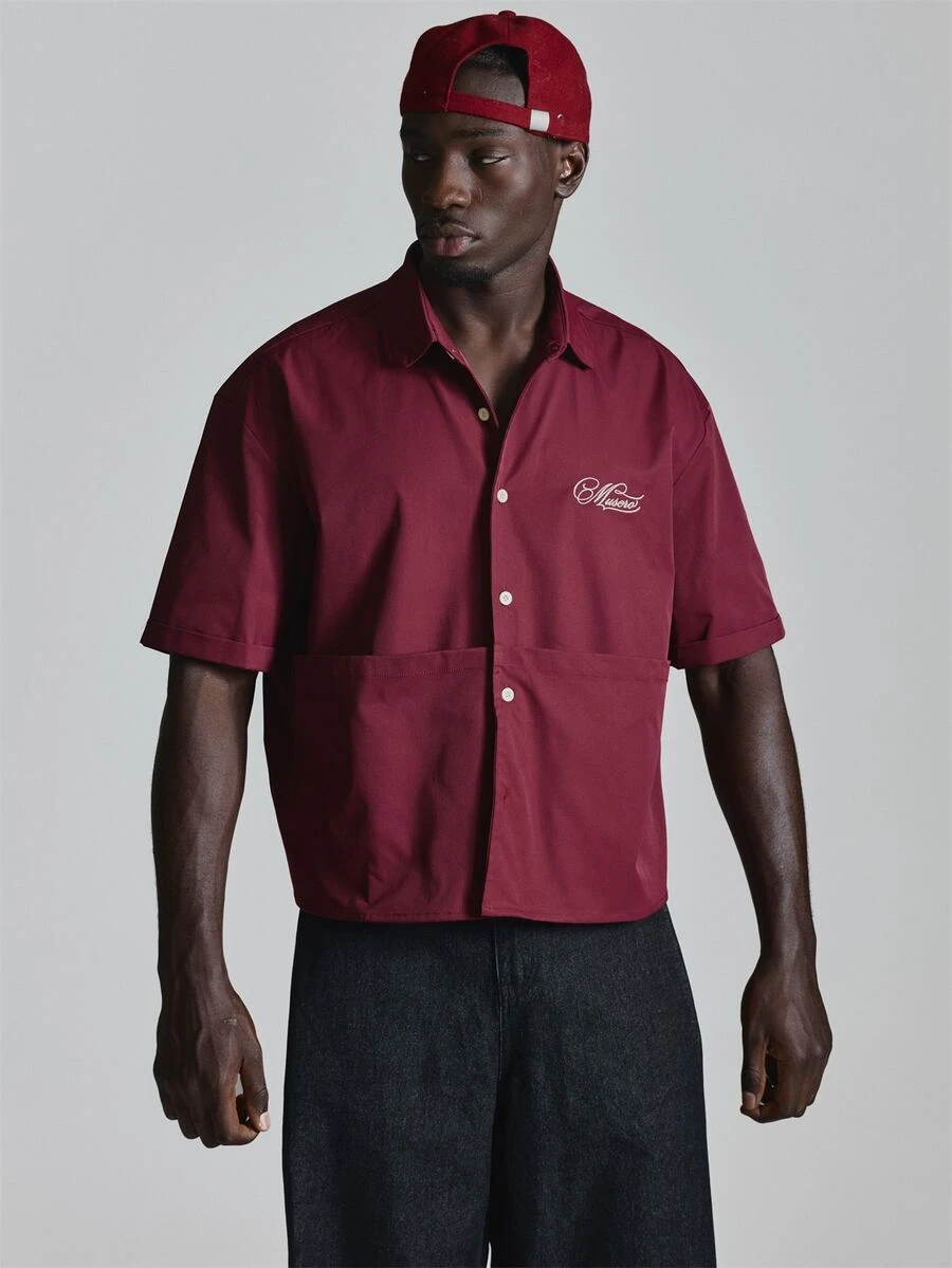 Short Sleeve Boxy Shirt Front Pocket Detail "Musero"Chest Embroidery Autum Winter Essentials - Burgundy - View 1
