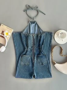Elamini Women's Fashion Versatile Halter Tie Flared Denim Jumpsuit - Blue - View 2