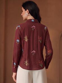 Anewsta Fall Elegant Retro Romantic Embroidered Dark Red Floral Long Sleeve Pleated Vacation Faux Linen Women's Blouse, Autumn Casual Work Brunch Business - Red - View 7