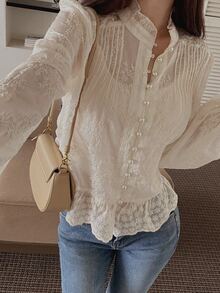 DAZY Women's Stand Collar Long Sleeve Single-Breasted Ruffle Hem Fashion Shirt - Apricot - View 4
