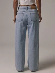 MUSERA Asymmetric Waistband Loose Fit Mid Rise Straight Leg Fit Denim Jeans Autumn Winter Fall Daily Eveyday Core Denim - Baby Blue - View 5