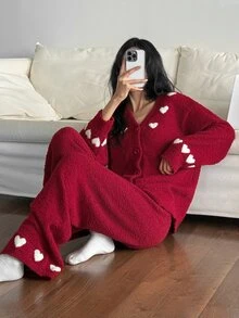 DAZY Women's 2-Piece Heart Pattern Loose Cardigan Long Sleeve Knit Top And Straight Leg Long Pants Pajama Set, Autumn/Winter - Red - View 10