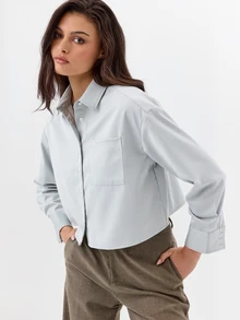 KÆRIA Hus Cropped Boxy Button Down Shirt - Compact Woven - Pale Blue - Elegant, Casual, Luxury, Workwear - Blue - View 1