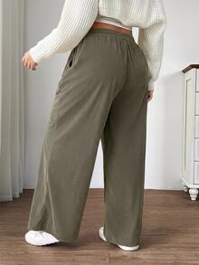 SHEIN EZwear 橄欖綠大尺碼女款秋冬校園日常室內工作穿搭卡其色燈芯絨布料附口袋與貼布設計高腰寬鬆寬腿長褲 - 橄欖綠 - 查看 2