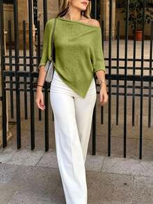 SHEIN PariChic Women's Sweet Fashion Asymmetrical Hem Knit Top - Olive Green - View 4