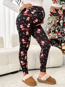 SHEIN Casual Maternity Leggings – Christmas Print – Autumn/Winter Style - Black - View 1