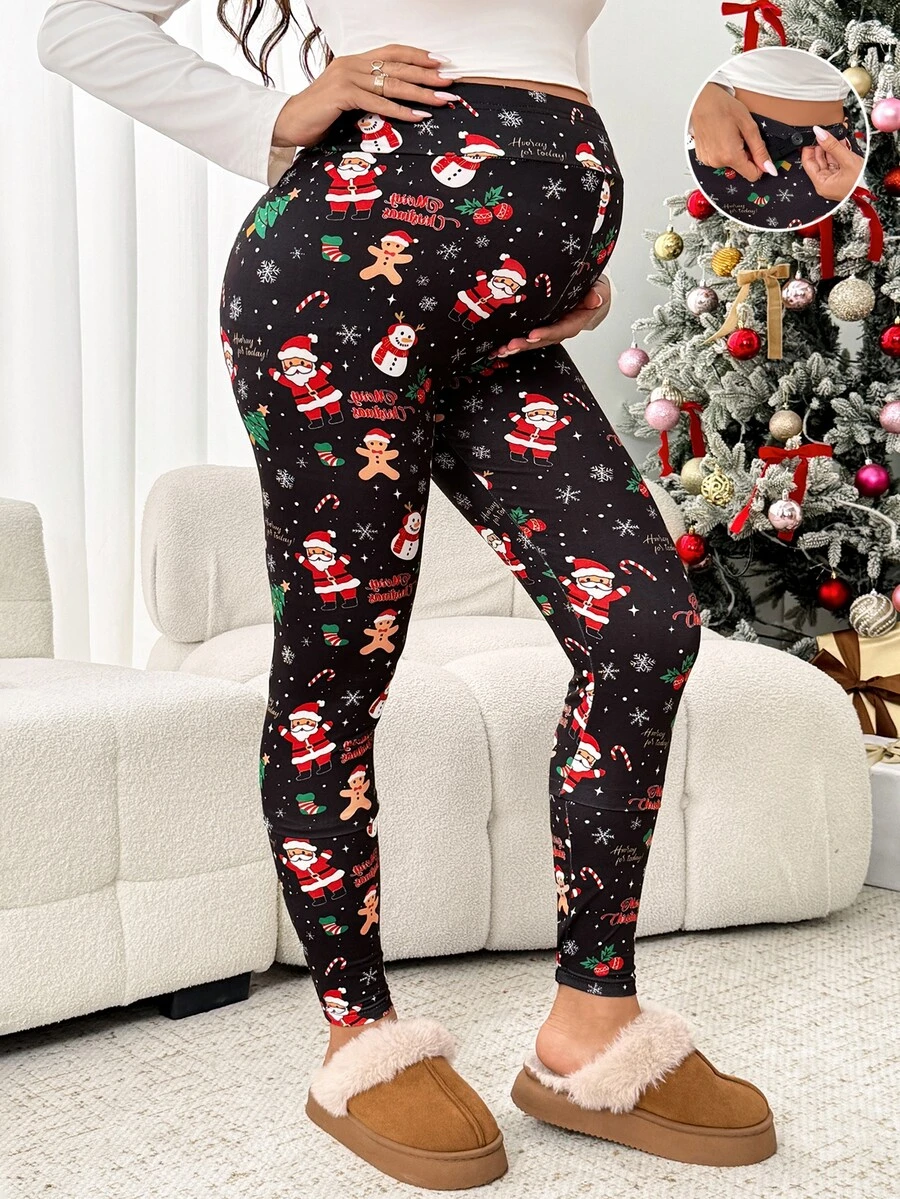 SHEIN Casual Maternity Leggings – Christmas Print – Autumn/Winter Style - Black - View 1