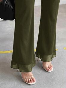 Editum 女款橄欖綠修身高腰針織彈性長褲，適合早午餐、夏季休閒、浪漫優雅外出、茶會、約會之夜 - 軍綠色 - 查看 6