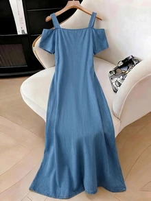 GlowEve Gaun Denim Model Wrap Bahu Terbuka Kasual Musim Panas untuk Wanita - Biru - View 2