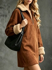 LUMIGAL Women's Autumn/Winter New Casual Fur Collar A-Line Dress - Camel - View 7