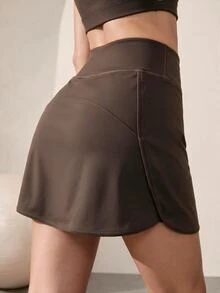 Easithlete Sporty 2-In-1 Skort, Fashionable Coffee Brown Side-Cross Hem, Tight Elastic Butt-Lifting Short Skirt Gym Golf Summer Essential Athletic - Coffee Brown - View 2