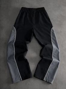 1pc Tween Boys High Street Fashion Color Block Patchwork White Trim Embroidered Woven Straight Leg Pants, Contrast Rope Design, Novel & Stylish, Comfortable Fabric, Suitable For Versatile Outfits, Summer New Arrival, Suitable For All Seasons - Dark Grey - View 2