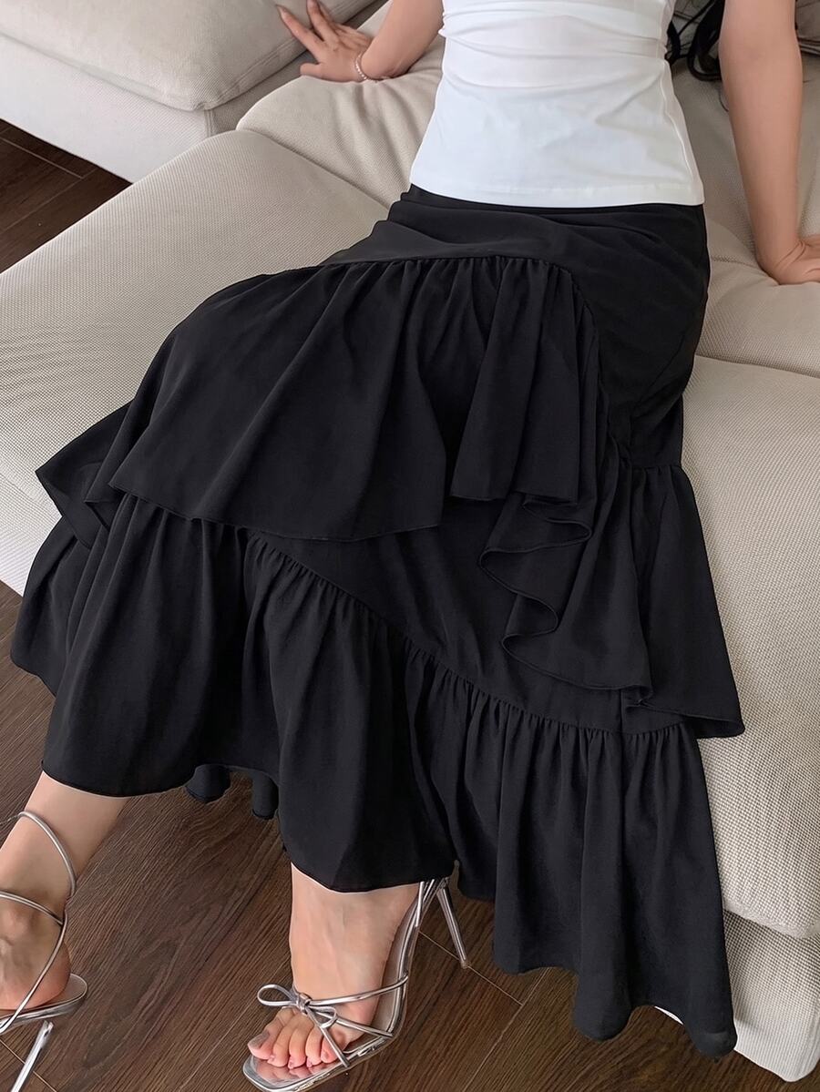 Tideelle 黑色高腰不對稱荷葉邊魚尾裙 女款優雅分層喇叭長版A字裙 通勤顯瘦 - 黑色 - 查看 1