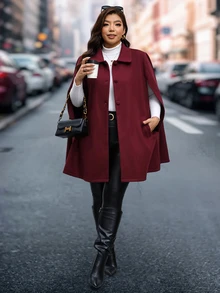 Reflora Plus Size Elegant Cape Sleeve Overcoat, Autumn/Winter - Burgundy - View 6