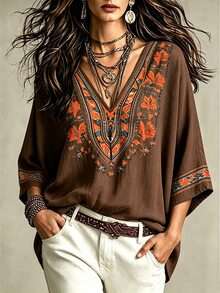 Glimmora Women's Floral Print V-Neck Vintage Fashion Blouse - Multicolor - View 4