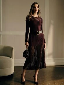 MOTF PREMIUM ELEGANT SEMI-SHEER MID-LENGTH DRESS FOR WOMEN, AUTUMN/WINTER - Burgundy - View 5