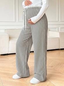 DAZY Celana Panjang Lurus Longgar dengan Motif Garis-Garis Kontras dan Tali Pengikat, Gaya Korea, Kasual untuk Sehari-hari, Liburan, Musim Semi, Musim Gugur, dan Ibu Hamil. - Khaki - View 6