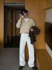 DAZY Autumn/Winter Khaki Body With Rolled Edge Design V-Neck Contrast Color Round Neck White 2 In 1 Men's Sweater - Khaki - View 6