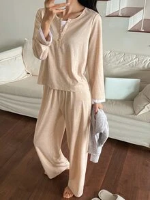 DAZY Women's 2 Pieces Faux Layered Long Sleeve Top And Pants Casual Daily Loungewear Set - Apricot - View 6