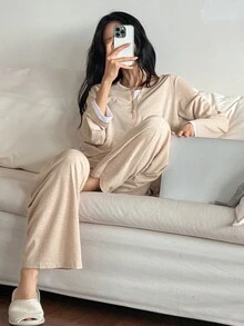DAZY Women's 2 Pieces Faux Layered Long Sleeve Top And Pants Casual Daily Loungewear Set - Apricot - View 1